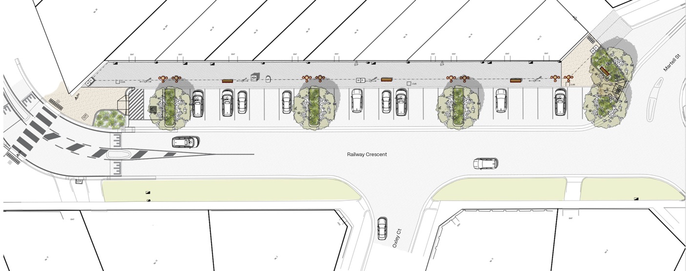 Line drawing of shopping strip showing proposed placement of street furniture, trees, bins and dda compliant parking space