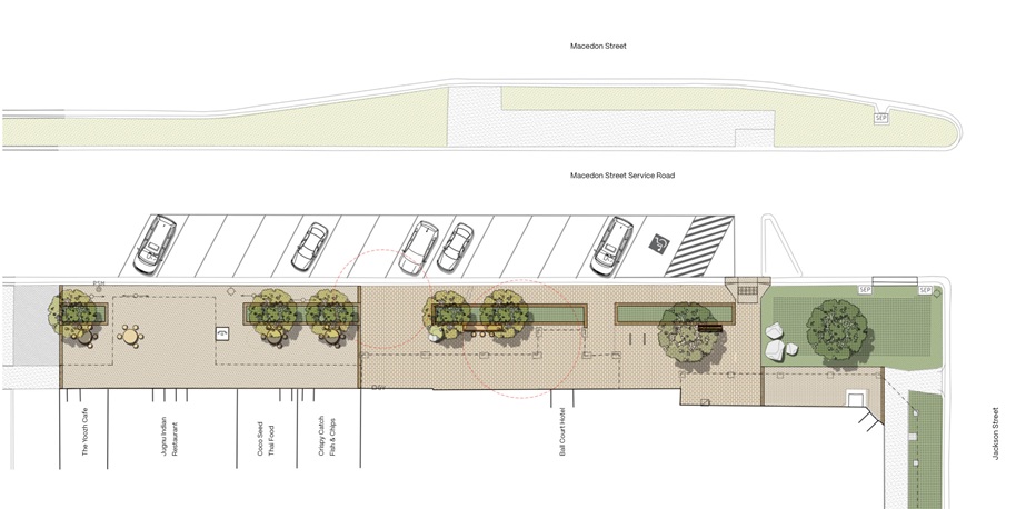 Line drawing showing placement of trees, bins, street furniture and dda compliant parking space