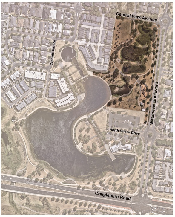 aerial view of area covered by highlands parklands with spots indicating main areas: playspace, melbourne water wetlands, cascades, lake, highlands sales office