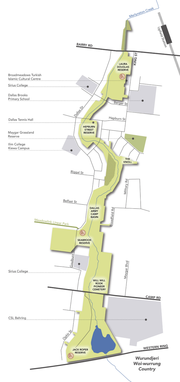map drawing showing whole corridor of merlynston creek parkland - from barry road to the western ring road