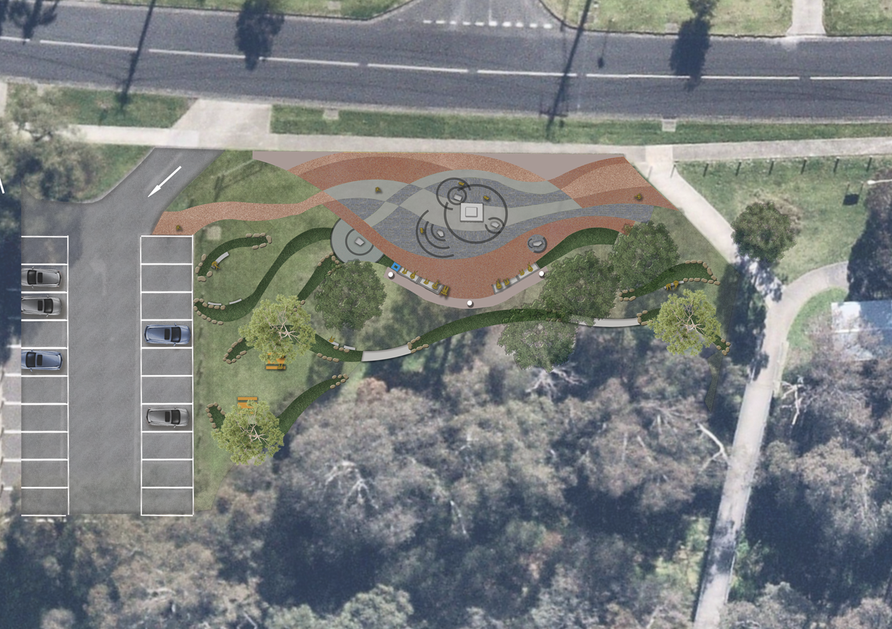 Aerial image of Westmeadows War Memorial with the flowing design